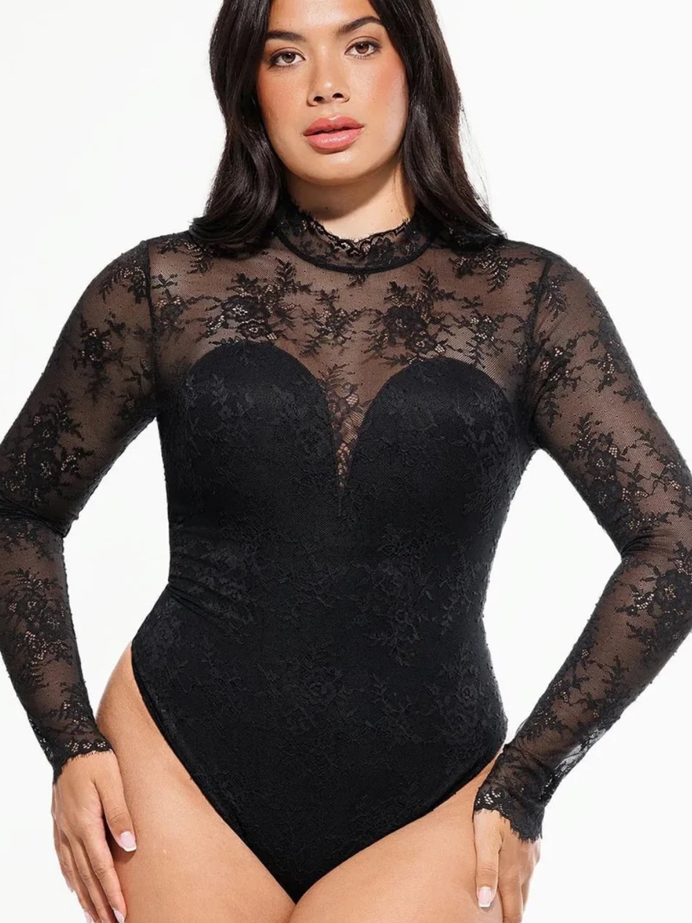 Shapewear Mock Neck Long Sleeve Floral Lace Bodysuit built in Shapewear